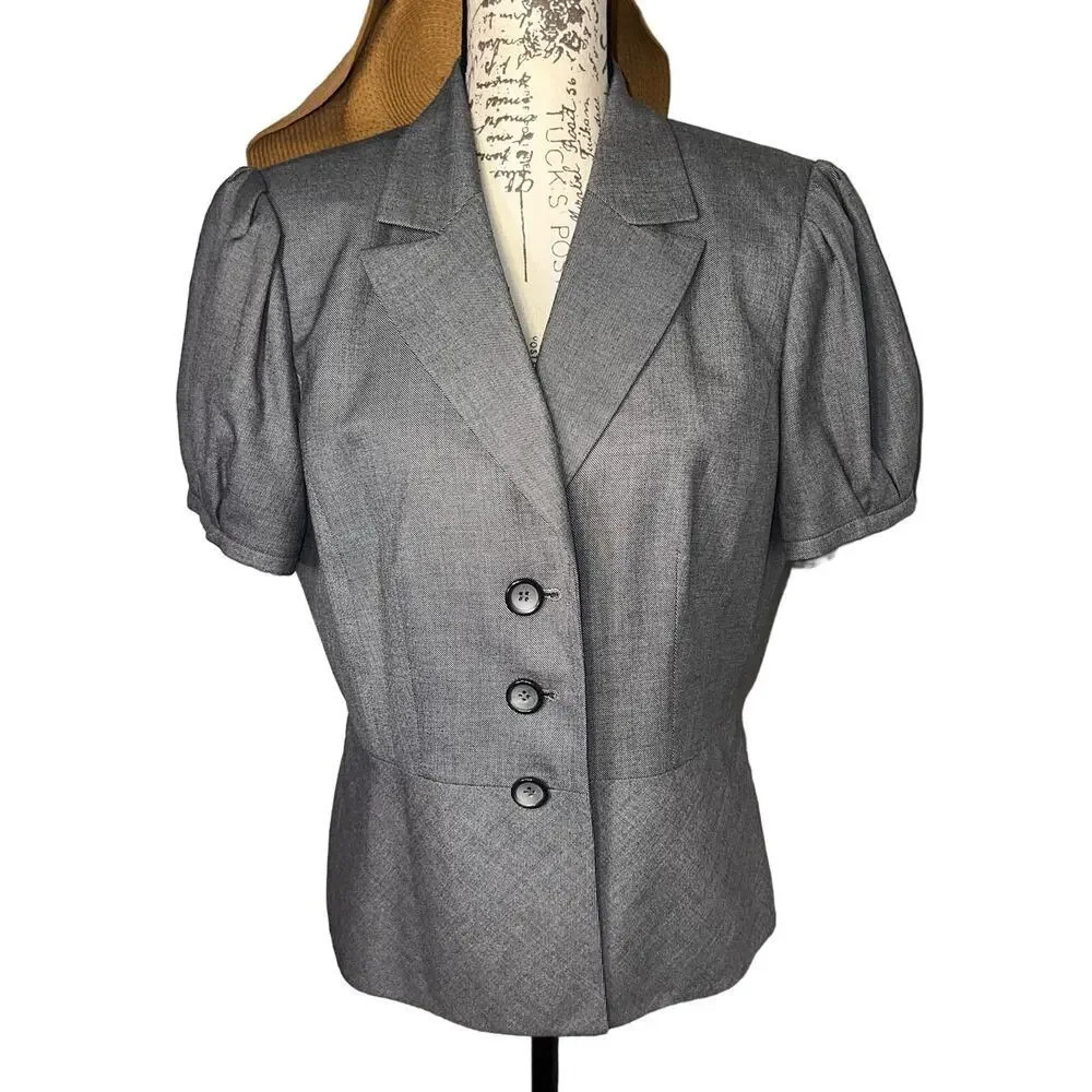Liz Claiborne 3 button Gray Herringbone short‎ pleated  puff sleeve lapel jacket
